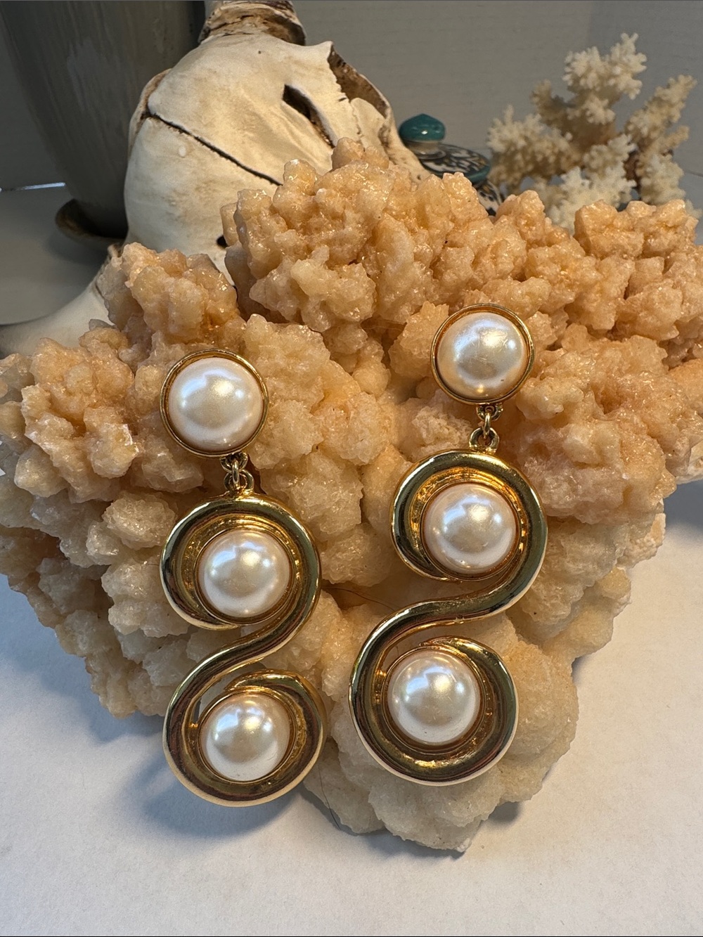 Vintage Signed BEVERLEY
HAMBURG Gold Swirl Faux Pearl
Statement Earrings 1980s